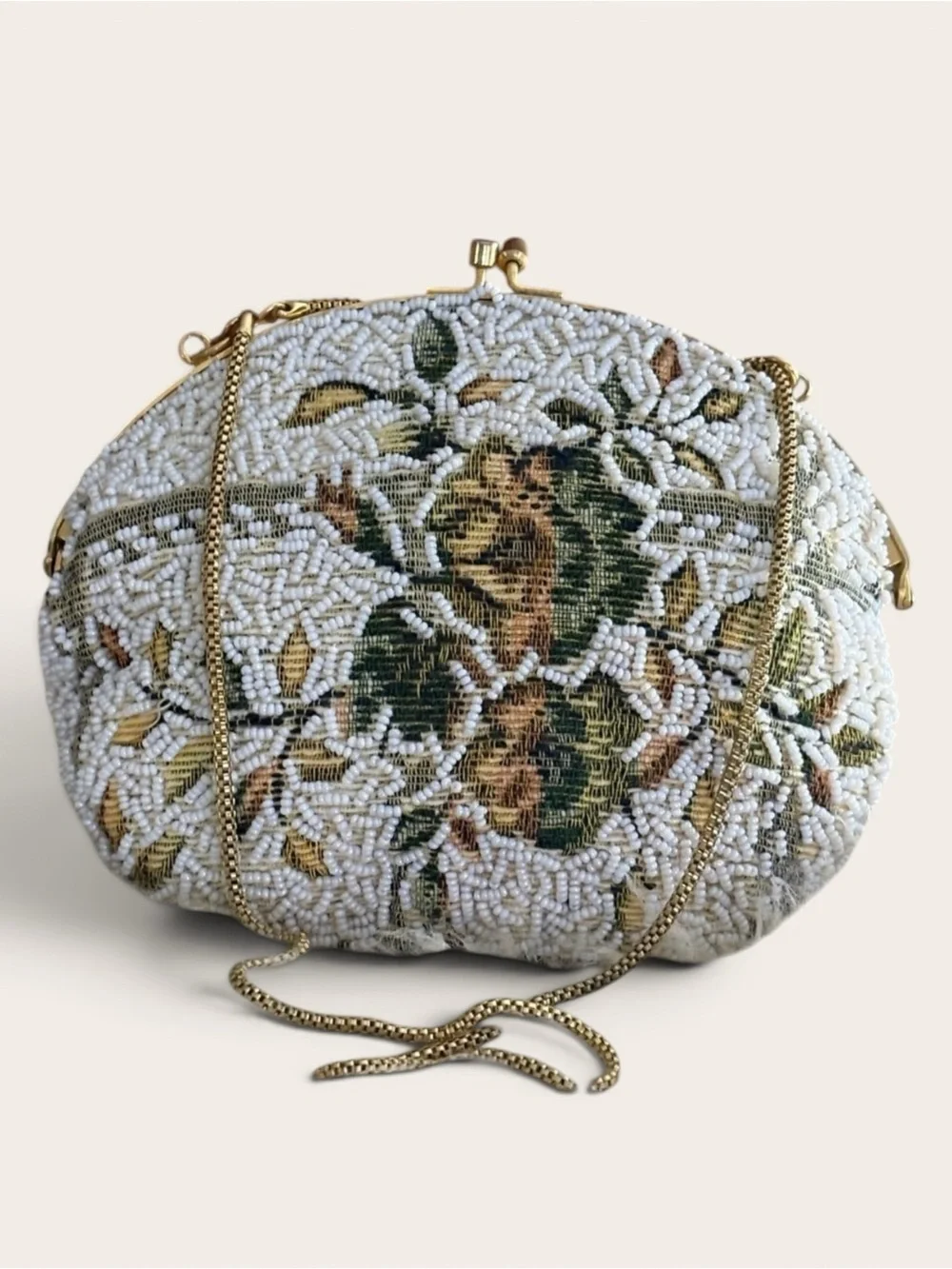 Vintage Handmade Beaded Floral Evening Satchel Bag with Gold Chain Strap
